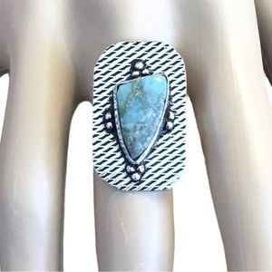 Blue Larimar Dramatic Silver Gemstone Ring Artisan Made Size 9.5